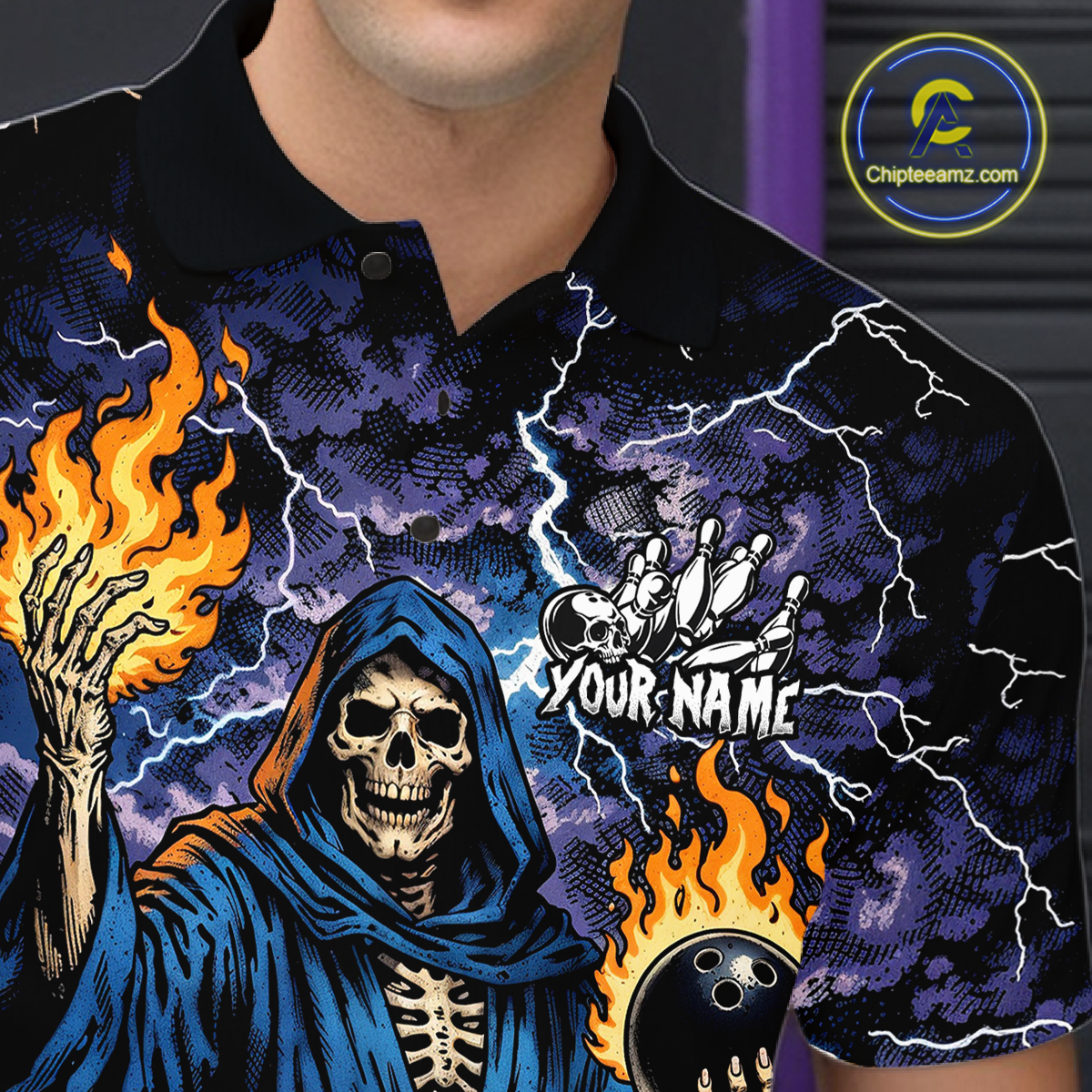 Custom Flame Grim Reaper Bowling Jersey for Men Polo & 1/4 Zip Bowling Team Shirts HNT222