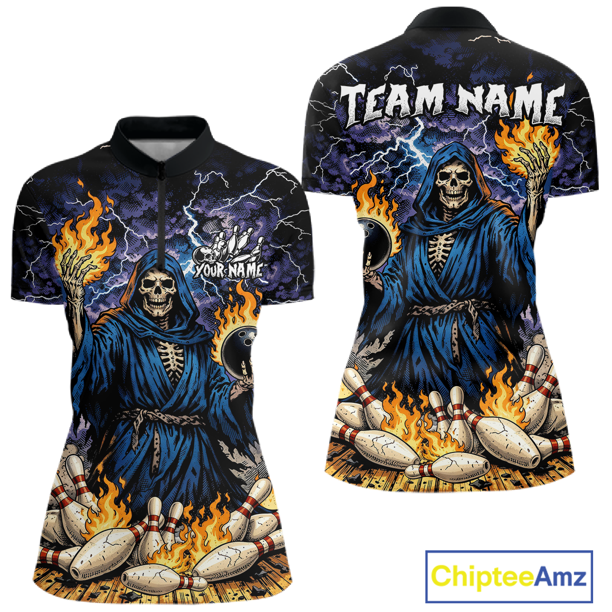 Custom Flame Grim Reaper Bowling Jersey for Women Polo & 1/4 Zip Bowling Team Shirts HNT222