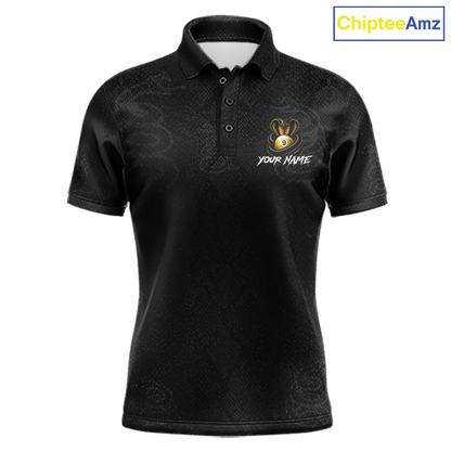 A black short-sleeve polo shirt with a subtle tonal pattern, featuring a custom bee logo and 'YOUR NAME' placeholder text on the left chest. The shirt is displayed on a clean white background with a 'ChipteeAmz' logo in the top right corner.