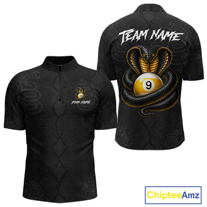 Black short-sleeve polo shirt shown from the front and back. The front features a subtle diamond-patterned texture, a small gold snake head logo on the left chest, and 'YOUR NAME' text.