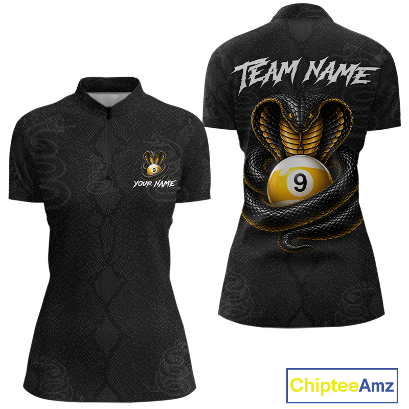 Black short-sleeve polo shirt shown from the front and back. The front features a subtle snakeskin pattern, a small bunny logo with customizable text on the left chest, and a white 'TEAM NAME' graphic on the back above a large gold and black snake wrapping around a yellow billiard ball with the number 9.