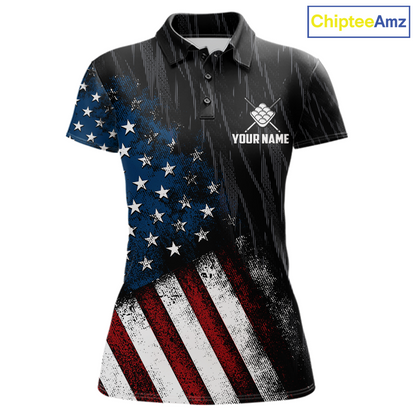 A women's short-sleeve polo shirt with a distressed American flag print, featuring a black, blue, red, and white design. The shirt has a custom name placeholder and a crossed golf clubs logo on the left chest, set against a plain white background with a 'ChipteeAmz' logo in the top right corner.
