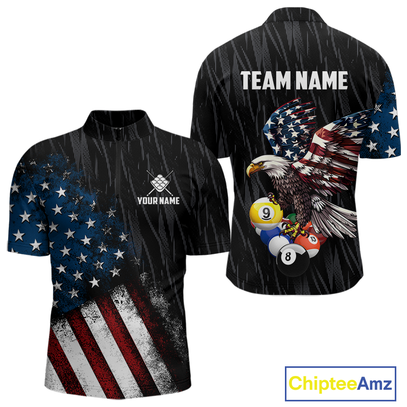 Custom short-sleeve polo shirt shown from front and back on a white background. The shirt has a black base with a distressed American flag print in red, white, and blue, a bald eagle graphic with an American flag-patterned wing, pool balls, and customizable text areas reading 'TEAM NAME' and 'YOUR NAME'.