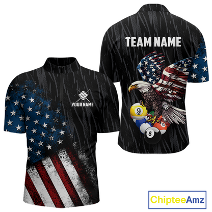 Custom short-sleeve polo shirt shown from front and back on a white background. The shirt has a black base with a distressed American flag print in red, white, and blue, a bald eagle graphic with an American flag-patterned wing, pool balls, and customizable text areas reading 'TEAM NAME' and 'YOUR NAME'.