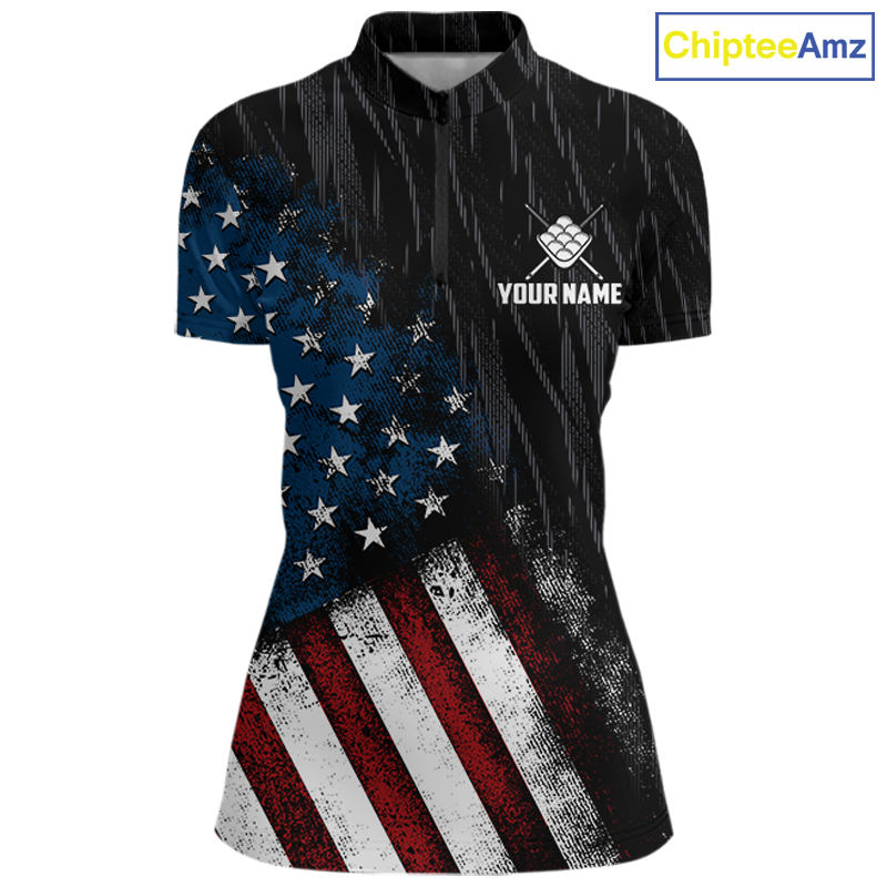A women's short-sleeve polo shirt with a distressed American flag print on a black background. The left side features a blue field with white stars, the bottom has red and white stripes, and the right side has a black background with vertical streaks.