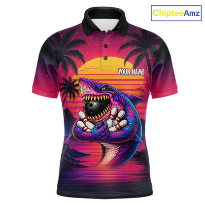 Custom Funny Neon Shark Sunset Bowling Jersey for Men Bowling Team Shirts Polo & 1/4 Zip HNT513