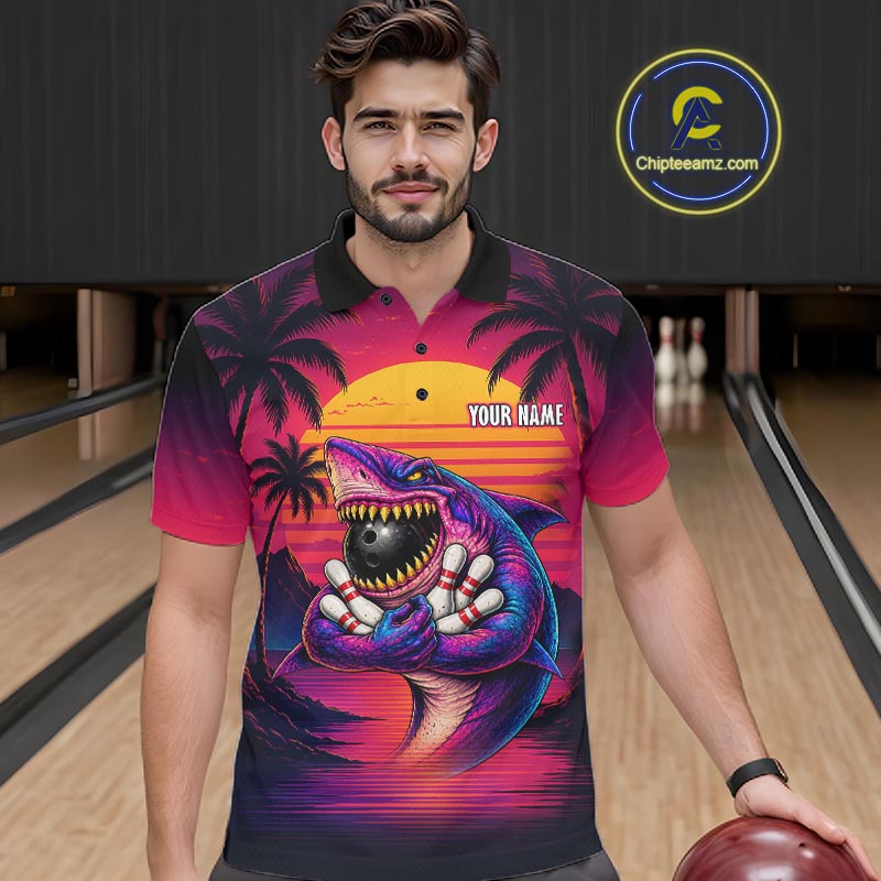 Custom Funny Neon Shark Sunset Bowling Jersey for Men Bowling Team Shirts Polo & 1/4 Zip HNT513