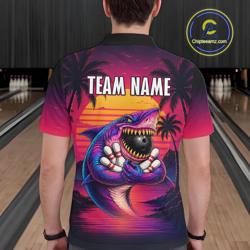 Custom Funny Neon Shark Sunset Bowling Jersey for Men Bowling Team Shirts Polo & 1/4 Zip HNT513