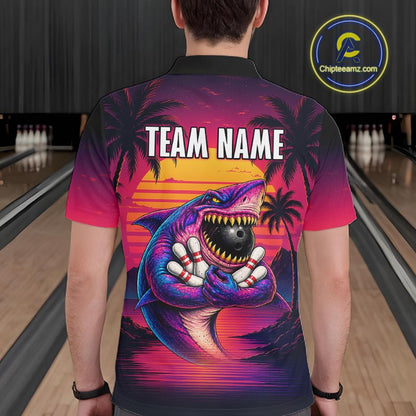 Custom Funny Neon Shark Sunset Bowling Jersey for Men Bowling Team Shirts Polo & 1/4 Zip HNT513