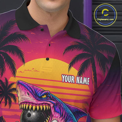 Custom Funny Neon Shark Sunset Bowling Jersey for Men Bowling Team Shirts Polo & 1/4 Zip HNT513