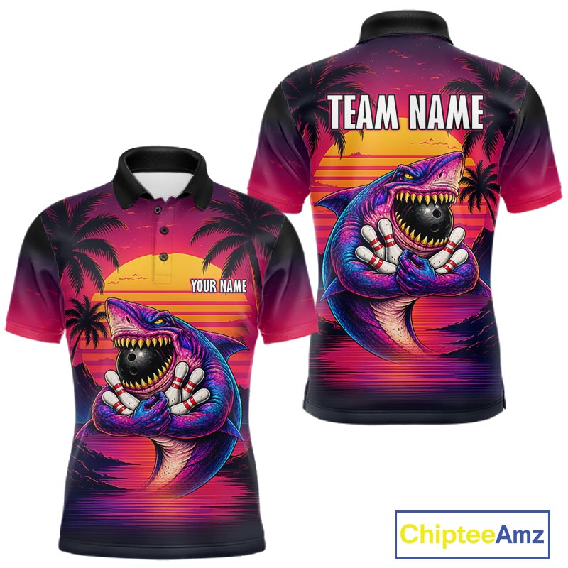 Custom Funny Neon Shark Sunset Bowling Jersey for Men Bowling Team Shirts Polo & 1/4 Zip HNT513