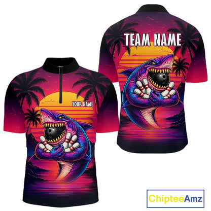 Custom Funny Neon Shark Sunset Bowling Jersey for Men Bowling Team Shirts Polo & 1/4 Zip HNT513