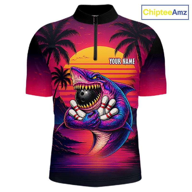 Custom Funny Neon Shark Sunset Bowling Jersey for Men Bowling Team Shirts Polo & 1/4 Zip HNT513
