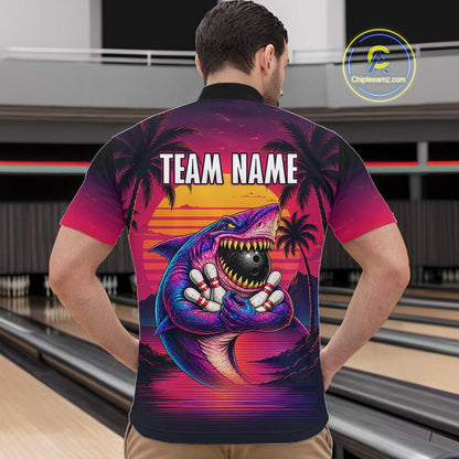 Custom Funny Neon Shark Sunset Bowling Jersey for Men Bowling Team Shirts Polo & 1/4 Zip HNT513
