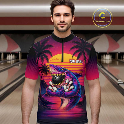 Custom Funny Neon Shark Sunset Bowling Jersey for Men Bowling Team Shirts Polo & 1/4 Zip HNT513