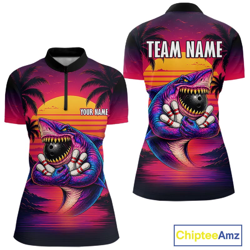 Custom Funny Neon Shark Sunset Bowling Jersey for Women Bowling Team Shirts Polo & 1/4 Zip HNT513