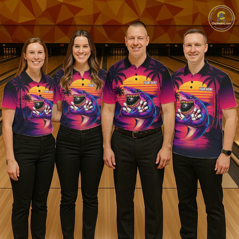 Custom Funny Neon Shark Sunset Bowling Jersey for Men Bowling Team Shirts Polo & 1/4 Zip HNT513