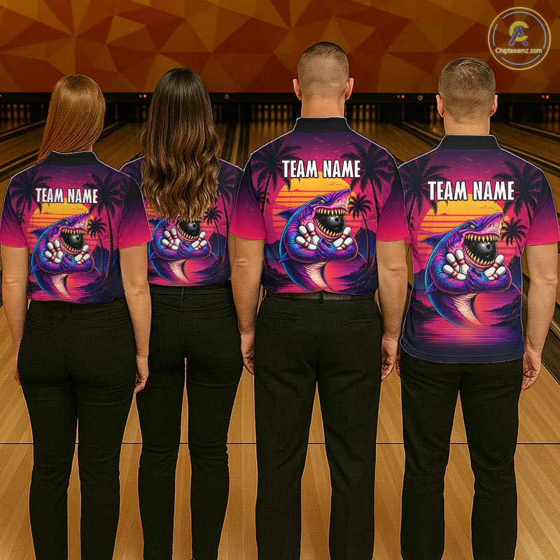 Custom Funny Neon Shark Sunset Bowling Jersey for Men Bowling Team Shirts Polo & 1/4 Zip HNT513