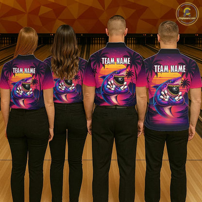 Custom Funny Neon Shark Sunset Bowling Jersey for Men Bowling Team Shirts Polo & 1/4 Zip HNT513