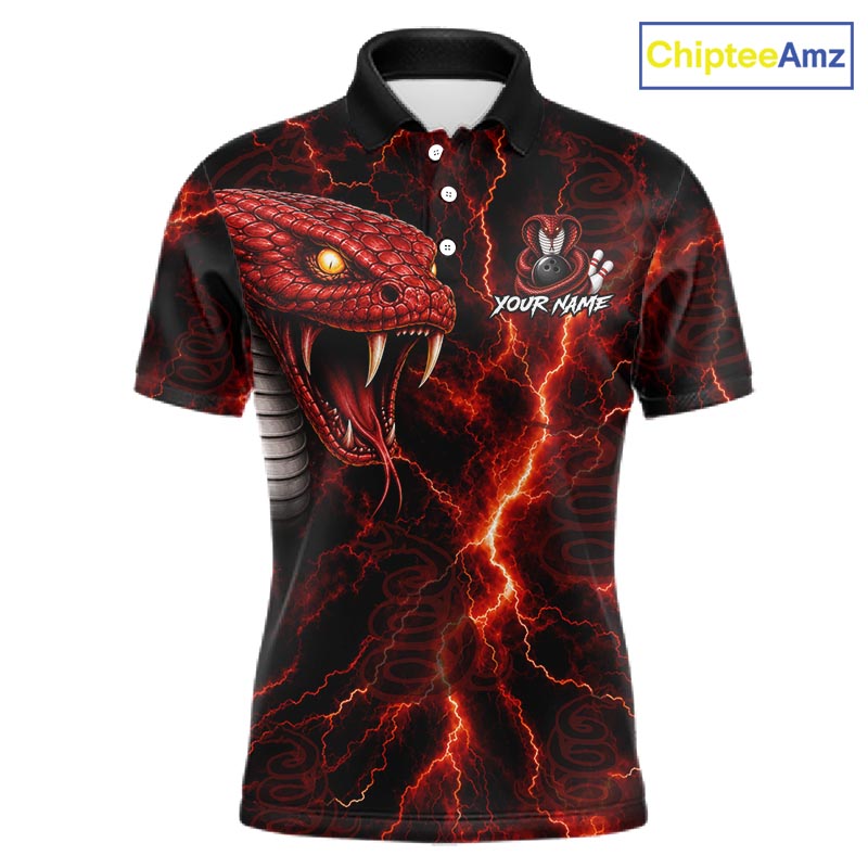 Custom Red Thunder Cobra Snake Bowling Jersey for Men Bowling Team Shirts Polo & 1/4 Zip HNT514