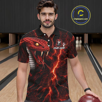Custom Red Thunder Cobra Snake Bowling Jersey for Men Bowling Team Shirts Polo & 1/4 Zip HNT514