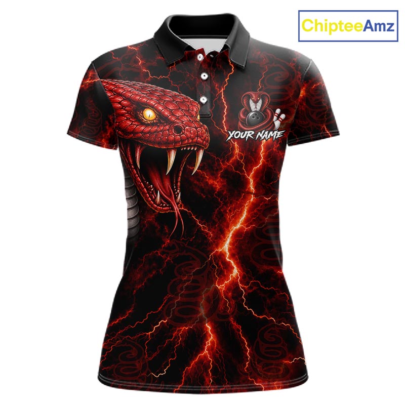 Custom Red Thunder Cobra Snake Bowling Jersey for Women Bowling Team Shirts Polo & 1/4 Zip HNT514