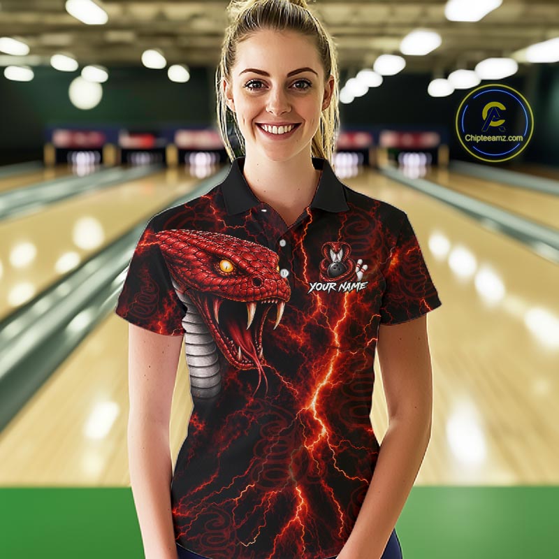 Custom Red Thunder Cobra Snake Bowling Jersey for Women Bowling Team Shirts Polo & 1/4 Zip HNT514