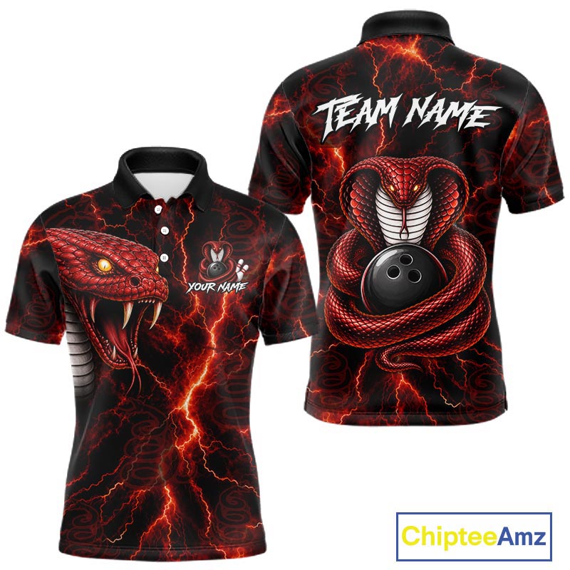 Custom Red Thunder Cobra Snake Bowling Jersey for Men Bowling Team Shirts Polo & 1/4 Zip HNT514