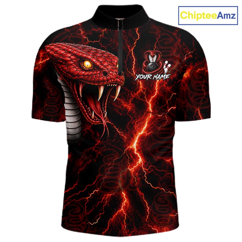 Custom Red Thunder Cobra Snake Bowling Jersey for Men Bowling Team Shirts Polo & 1/4 Zip HNT514