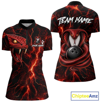 Custom Red Thunder Cobra Snake Bowling Jersey for Women Bowling Team Shirts Polo & 1/4 Zip HNT514