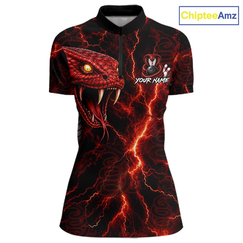 Custom Red Thunder Cobra Snake Bowling Jersey for Women Bowling Team Shirts Polo & 1/4 Zip HNT514
