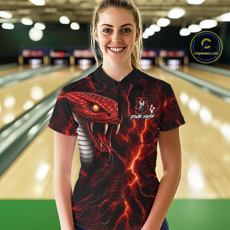 Custom Red Thunder Cobra Snake Bowling Jersey for Women Bowling Team Shirts Polo & 1/4 Zip HNT514
