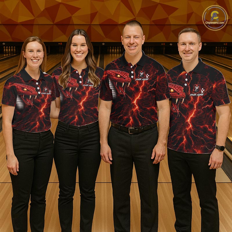 Custom Red Thunder Cobra Snake Bowling Jersey for Men Bowling Team Shirts Polo & 1/4 Zip HNT514
