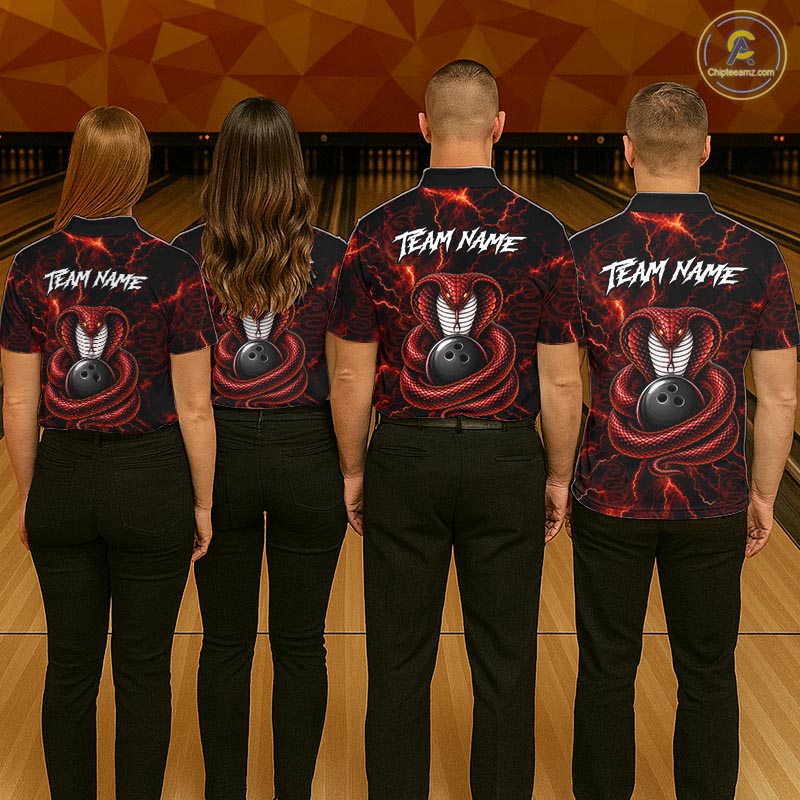Custom Red Thunder Cobra Snake Bowling Jersey for Men Bowling Team Shirts Polo & 1/4 Zip HNT514