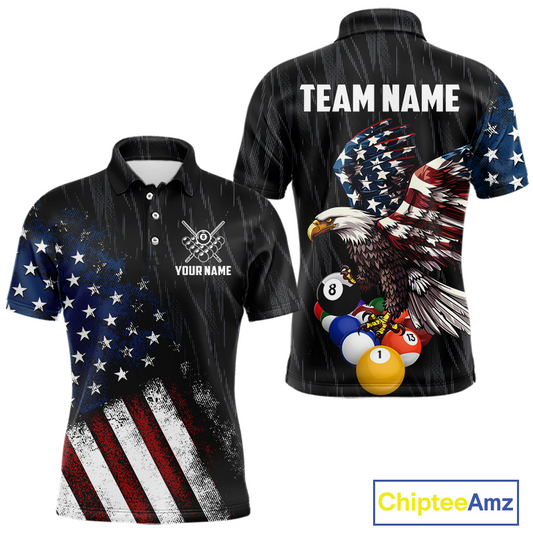 Front and back view personalized billiards polo shirt with an eagle positioned above pool balls while flag artwork flows across the black layout.