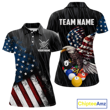 Load image into Gallery viewer, Front and back view personalized billiards polo shirt with an eagle positioned above pool balls while flag artwork flows across the black layout.