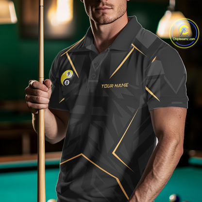 Custom Black Gold 8 Ball 9 Ball Yin Yang Pool Shirts Billiard Shirt for Men Billiard Team Jersey NNT179