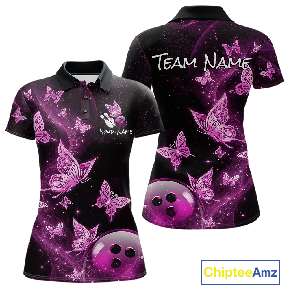 Custom Pink Galaxy Butterflies Bowling Shirt for Women Butterfly Bowling Team Jersey Bowling League HNT277