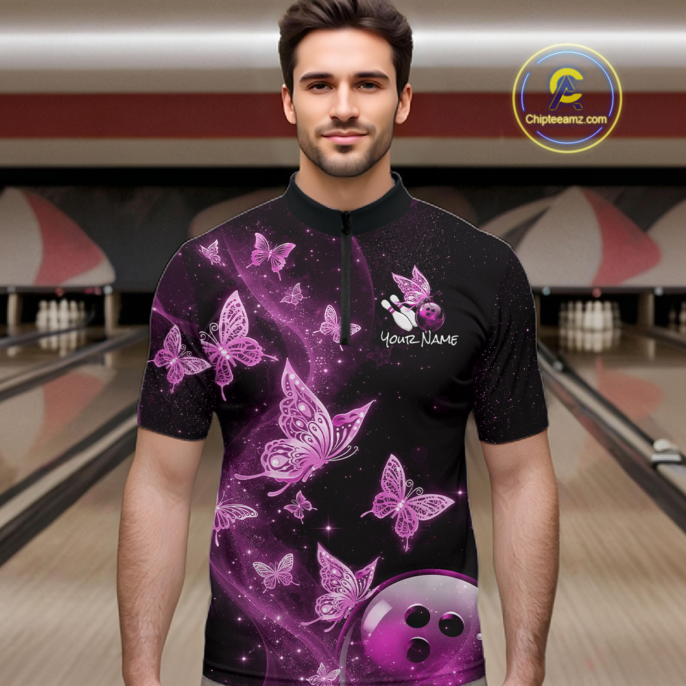Custom Pink Galaxy Butterflies Bowling Shirt for Men Butterfly Bowling Team Jersey Bowling League HNT277