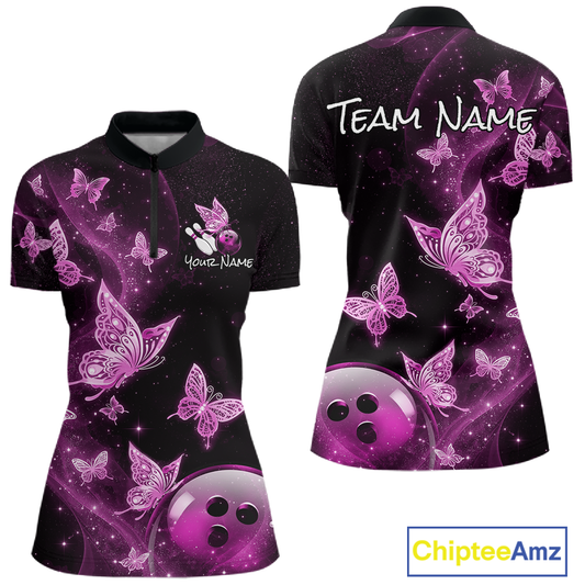 Custom Pink Galaxy Butterflies Bowling Shirt for Women Butterfly Bowling Team Jersey Bowling League HNT277