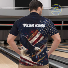 Load image into Gallery viewer, Men’s us flag eagle bowling quarter zip shirt, back view on male model in bowling lane 