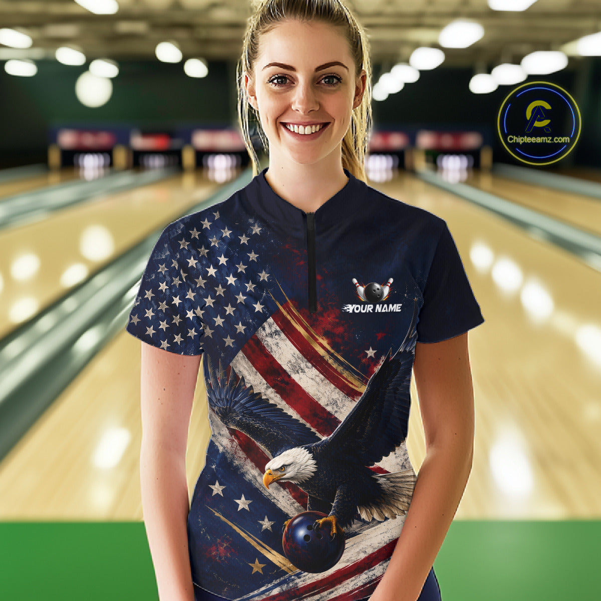 Women’s us flag eagle bowling quarter zip shirt, front view on female model in bowling lane 