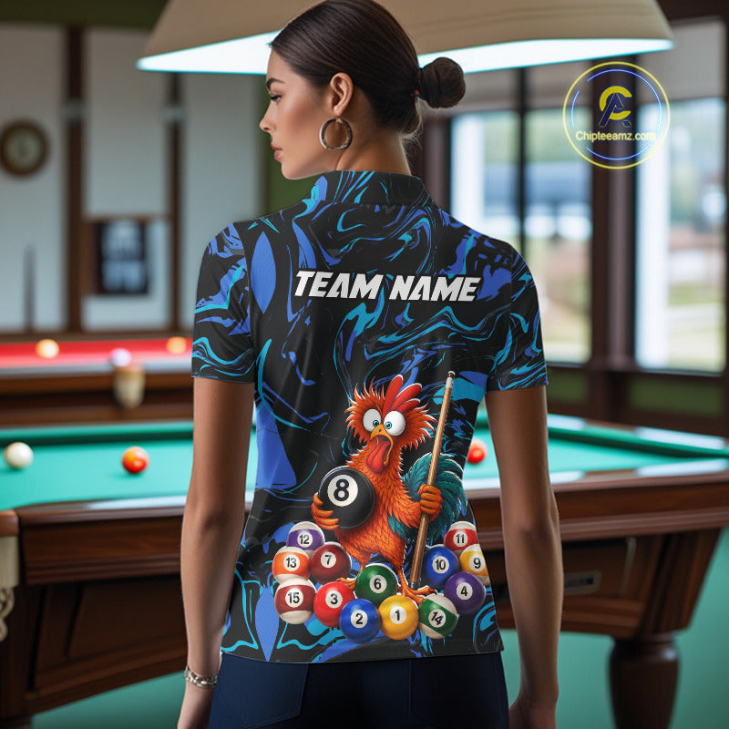 Custom Teal Blue Chicken 8 Ball Billiard Shirt for Women Billiard Jerseys Team Billiard League NNT197