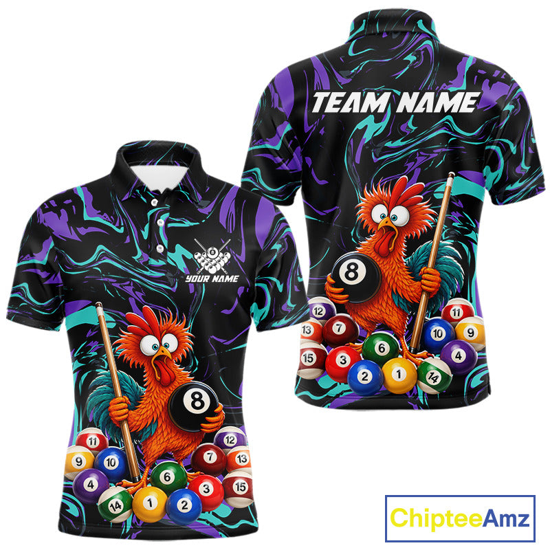 Custom Teal Purple Chicken 8 Ball Billiard Shirt for Men Billiard Jerseys Team Billiard League NNT197