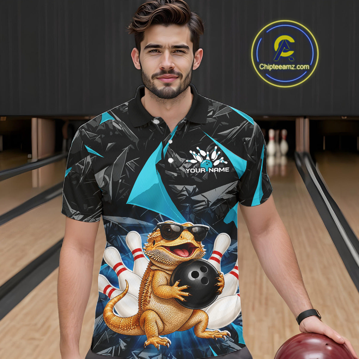 Men’s turquoise bearded dragon bowling polo shirt, front view on male model in bowling lane 