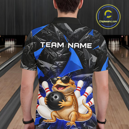 Men’s blue bearded dragon bowling polo shirt, back view on male model in bowling lane 
