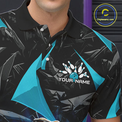 Men’s turquoise bearded dragon bowling polo shirt with custom name, angled front view showing custom team design 