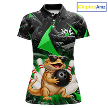 Load image into Gallery viewer, Custom green bearded dragon bowling jersey for women, personalized team bowling polo shirt front view