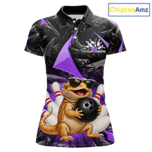 Load image into Gallery viewer, Custom purple bearded dragon bowling jersey for women, personalized team bowling polo shirt front view