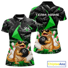 Load image into Gallery viewer, Custom green bearded dragon bowling jersey for women, personalized team bowling polo shirt front view and back view